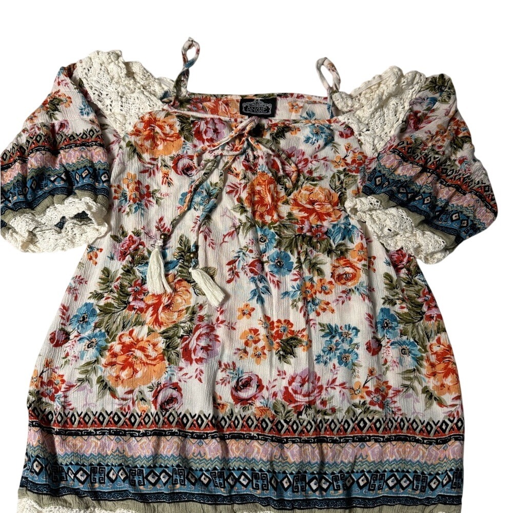 Angie Floral Boho Ruffle Tie Front Blouse Orange Pink Size S